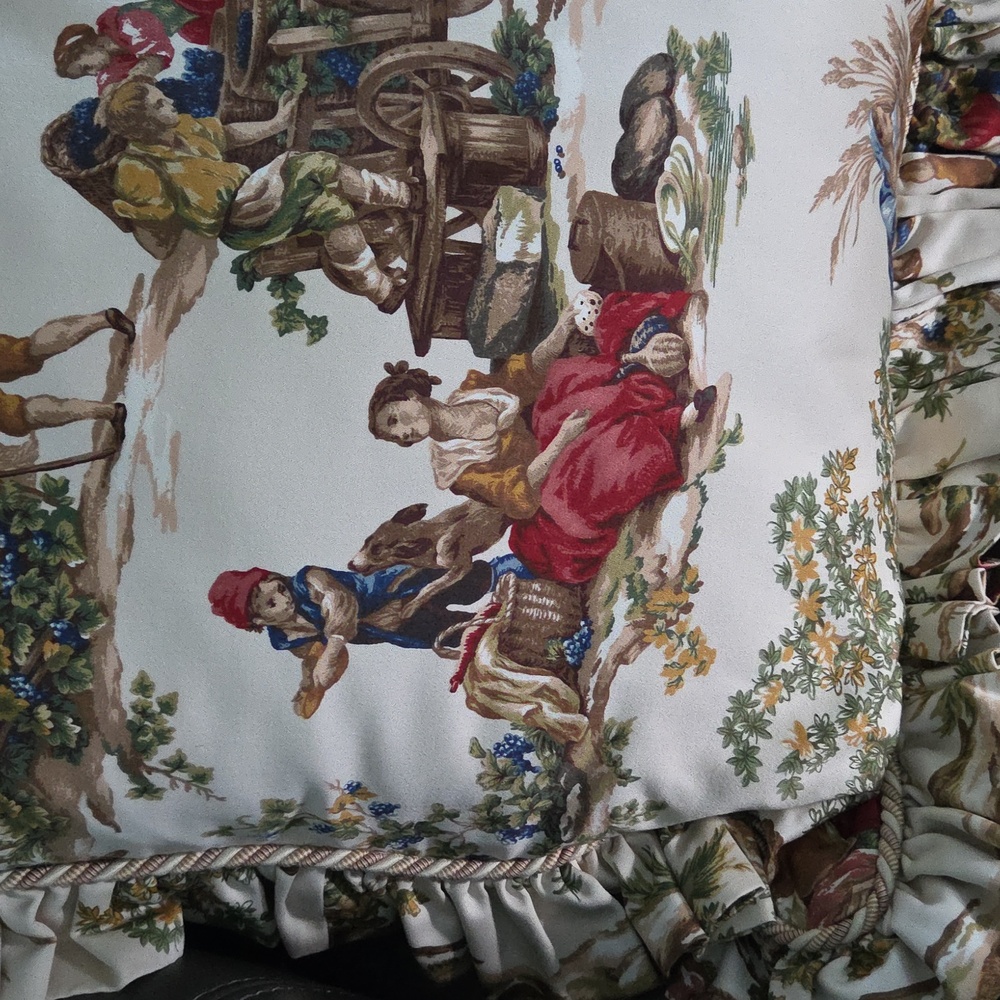 French Country Toile Ruffled Throw Pillows with Rustic Scene - Picture 11 of 17